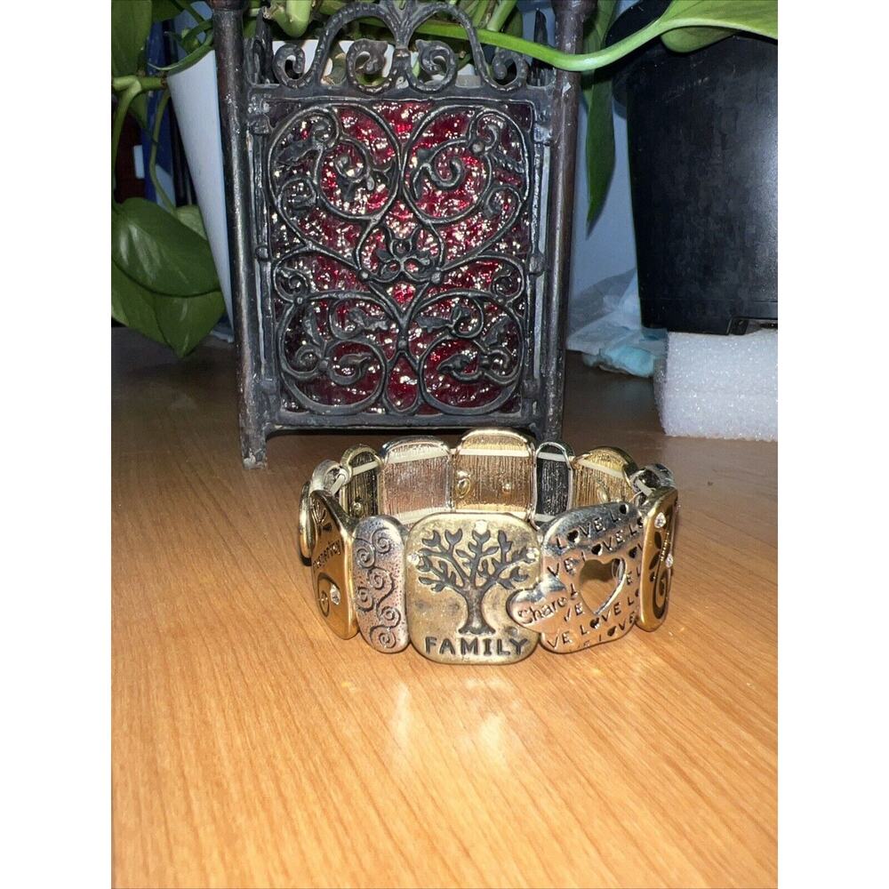 SPIRITUAL LOVE FAMILY JOY HEALTH SERENITY METAL PANEL LINK STRETCH BRACELET 1002
